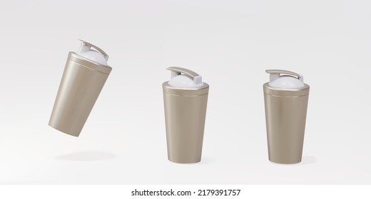 3d three Sports golds shakers isolated for grey background. Shaker for water and protein shakes. Vector illustration.