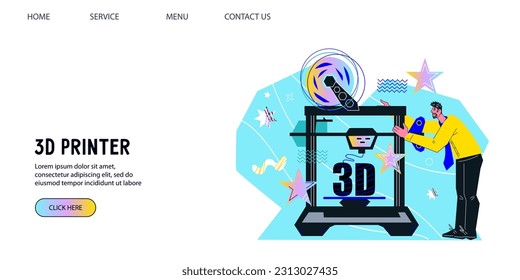 3D three-dimension printing and prototyping service, additive manufacturing concept for web banner, flat vector illustration. 3d printing technology website template.
