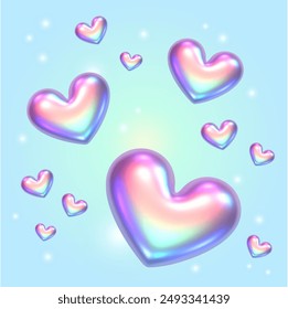 3D three-dimensional gradient shapes with rainbow refraction, in the shape of a heart. Rainbow holiday hearts in y2k style with shimmering elements