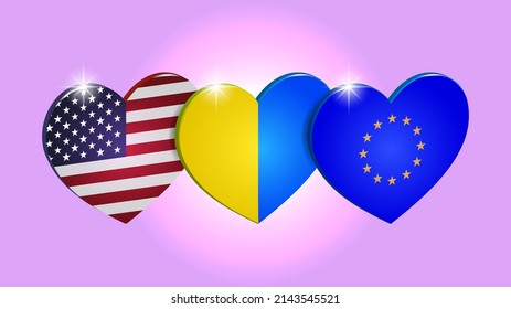 corazones tridimensionales con banderas y escudos de armas de Polonia y Ucrania sobre un fondo claro. Afiche descriptivo