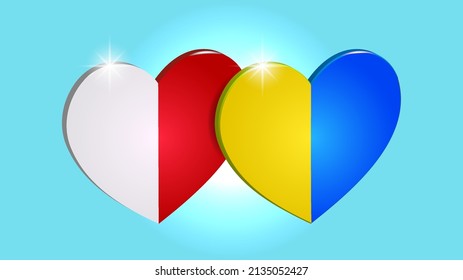 corazones tridimensionales con banderas de Polonia y Ucrania sobre un fondo claro. Afiche descriptivo