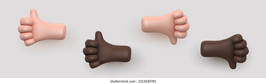 Gesto de pulgar 3D hacia arriba en el divertido diseño de caricaturas sobre fondo gris. Concepto de emoción positiva: manos humanas emojis mostrando signos de aprobación o aprobación. Conjunto de redes sociales como iconos. Ilustración vectorial.