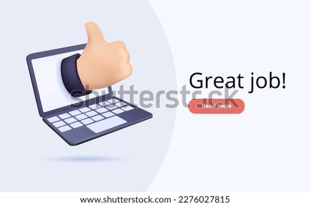 3D thumb up or like hand gesture website landing page vector illustration with laptop. Like good, great job, appreciate well done, ok or like symbol vector business or marketing concept for website