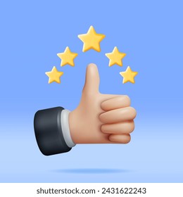 3D Thumb Up Pointing at Five Gold Star Rating Isolated. Reviews Five Star Realistic Render. Testimonials, Rating, Feedback, Survey, Quality and Review. Achievements or Goal. Vector Illustration