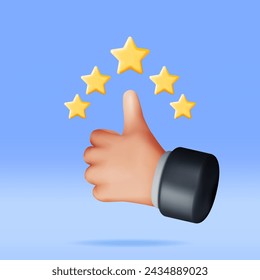 3D Thumb Up Pointing at Five Gold Star Rating Isolated. Reviews Five Star Realistic Render. Testimonials, Rating, Feedback, Survey, Quality and Review. Achievements or Goal. Vector Illustration