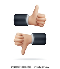 3D Thumbs Up and Thumbs Down Hands Gestures Isolated. Render Like and Dislike Hand Symbols. Customer Rating or Vote Icons. Cartoon Fingers Gestures. Vector Illustration