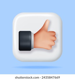 3D Thumbs Up Hand Gesture Button Isolated. Render Like Hand Symbol. Customer Rating or Vote Icons. Like or Love Button for Social Media and Mobile App. Cartoon Fingers Gestures. Vector Illustration