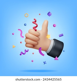 3D Thumbs Up Hand Gesture and Confetti Isolated. Render Like Hand Symbol. Customer Rating or Vote Icon. Like or Love Button for Social Media and Mobile App. Fingers Gestures. Vector Illustration