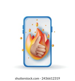 3D Thumbs Up Hand Gesture in Fire in Phone. Render Like Bonfire Hand. Customer Rating or Vote. Hot Like or Love Button for Social Media and Mobile App. Cartoon Fingers Gestures. Vector Illustration