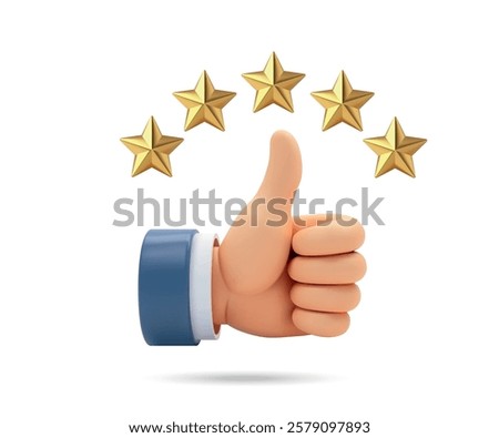 3D thumbs up illustration with a blue cuff, surrounded by five golden stars indicating excellence