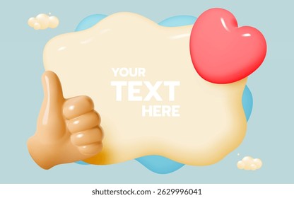3D thumbs up surrounded by red hearts and fluffy clouds on a blue background, perfect for love and positivity themes.