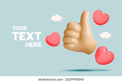3D thumbs up surrounded by red hearts and fluffy clouds on a blue background, perfect for love and positivity themes.