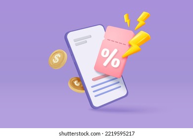 3D thunder bolt icon with coupon for sale and shopping online, discount coupon in mobile phone. flash lightning on alert notice special offer promotion. 3d price tags icon vector render illustration