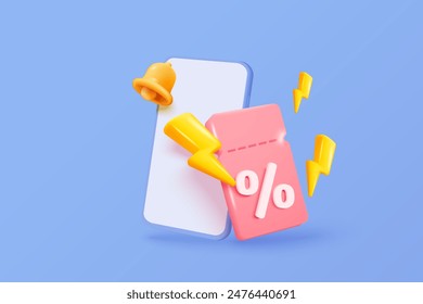 3D thunder bolt icon with coupon for sale and shopping online, discount coupon in mobile phone. flash lightning on alert notice special offer promotion. 3d price tags icon vector render illustration