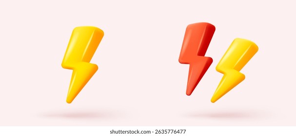 3D thunder bolt icon signs realistic colours. flash lightning, danger and power, symbol of thunderbolt energy. Simple lightning strike emblem. 3d powerful charge icon vector render illustration