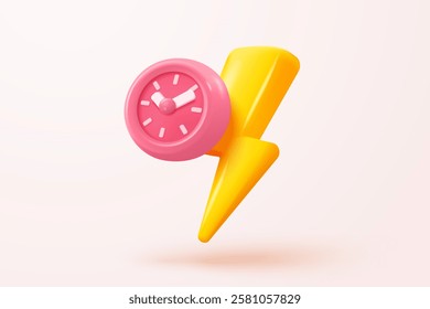 3D thunder bolt icons with coupon for sales and shopping online purchases. symbol of thunderbolt energy, flash lightning on time alert notification. 3d clock reminder icon vector render illustration