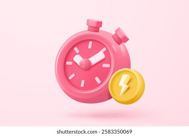 3D thunder bolt icons with coupon for sales and shopping online purchases. symbol of thunderbolt energy, flash lightning on time alert notification. 3d clock reminder icon vector render illustration