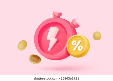3D thunder bolt icons with coupon for sales and shopping online, discount coupon of cash. flash lightning on time alert notice special offer promotion. 3d price tags icon vector render illustration