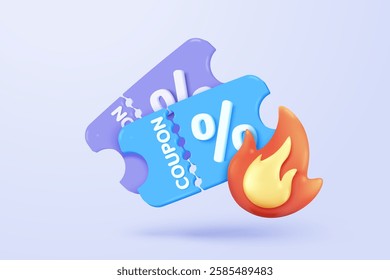 3D thunder bolt icons with coupon for sales and shopping online, discount coupon of cash. flash lightning on time alert notice special offer promotion. 3d price tags icon vector render illustration