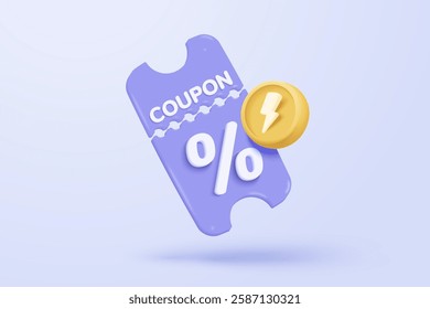 3D thunder bolt icons with coupon for sales and shopping online, discount coupon of cash. flash lightning on time alert notice special offer promotion. 3d price tags icon vector render illustration