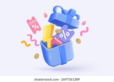 3D trovão bolt ícones com cupom para vendas e compras on-line, cupom de desconto de dinheiro. flash relâmpago no tempo alerta aviso especial oferta promoção. ícone de etiquetas de preço 3d vetor renderização ilustração