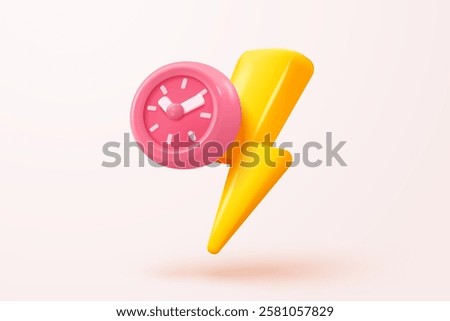 3D thunder bolt icons with coupon for sales and shopping online purchases. symbol of thunderbolt energy, flash lightning on time alert notification. 3d clock reminder icon vector render illustration