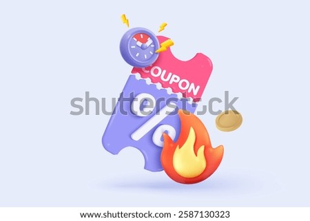 3D thunder bolt icons with coupon for sales and shopping online, discount coupon of cash. flash lightning on time alert notice special offer promotion. 3d price tags icon vector render illustration