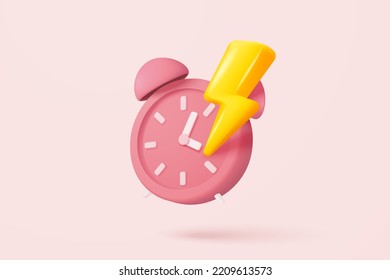 3D thunder bolt icons with fast coupon for sales and shopping online purchases. 3d thunderbolt energy, flash lightning on time alert for coupon. 3d clock reminder icon vector render illustration