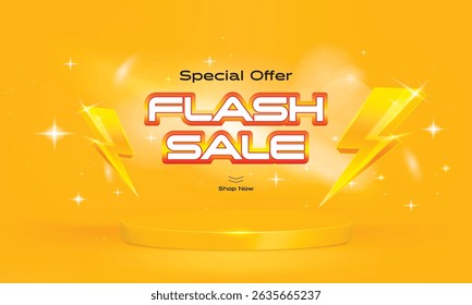 3D thunder bolt icons realistic and podium stage background with flash lightning flare.
