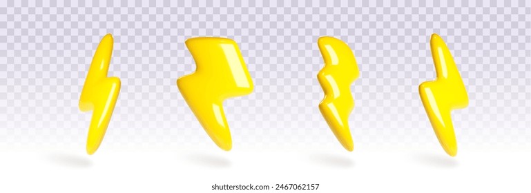 3d thunder icon. Energy lightning electric charge. Isolated yellow speed element. Electronic blitz deal graphic set. Thunderbolt shape symbol design for weather warning on transparent background