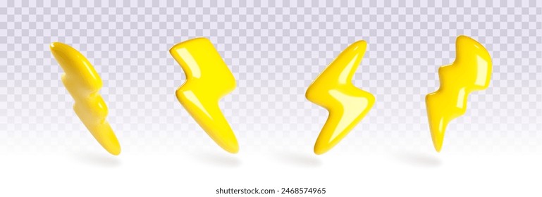 3d thunder icon. Energy lightning electric charge. Isolated yellow speed element. Electronic blitz deal graphic set. Thunderbolt shape symbol design for weather warning on transparent background