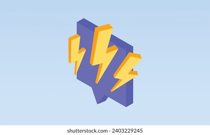 3D thunderbolt icon. Striking of thunderbolt energy spark, flash lightning, danger and power.3d handmade.3d goal for technology,online social media usage illustration.