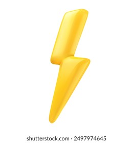 Rayos 3D. Signo de rayo amarillo. Relámpago realista 3d flash eléctrico en estilo de dibujos animados de plástico. Peligro e icono de poder aislado en blanco. Poderosa Ilustración vectorial de Recargo.