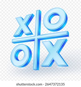 3d tic tac toe game or playing XO games. Blue clear glass material isolated on transparent background. Vector illustration icons.