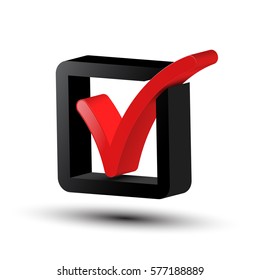 3d Tick Symbol. Vector Red and Black Checkbox Icon Isolated on White Background.