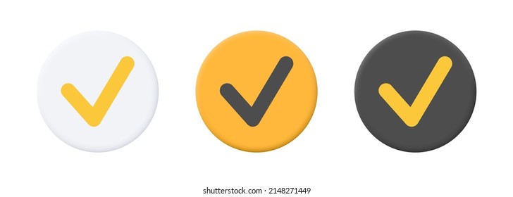 3d tick. Yellow, white and black check mark. Set of icons with check marks isolated on white background. Vector clipart.