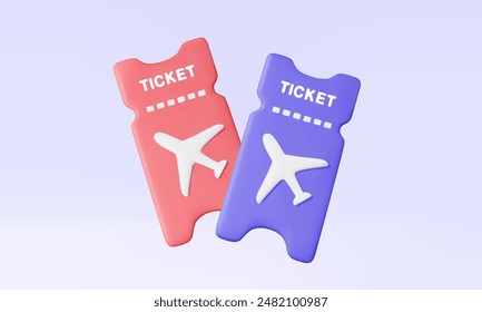 3D ticket airplane icon on pastel background. coupon airline Boarding pass leisure touring Holiday summer vacation concept. Travel tourism plane trip planning world tour, Eps10 vector. 3d illustration