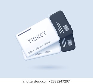 3D Ticket icon isolated on background. Vector illustration. Two, pair of tickets. Cinema, theater, concert, play, party, event, festival black and white ticket realistic template set. Mockup