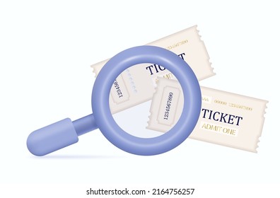 3d ticket search. View, choice information through a magnifying glass, find the right ticket for a plane, concert, cinema or. Checking and selection  an electronic coupon through a loupe. Vector