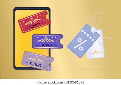 3d Ticket, Vector Banner Background, Coupon, Voucher, Discount On Smartphone Screen. An Offer To Buy A Ticket For A Concert, Show, Movie. Concept Of An Entrance, Access, Invitation Or Admittance. 