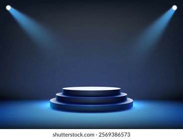 3D tiered blue podium stage illuminated by spotlights, award ceremonies, product mockups, and modern showroom displays. Sleek and elegant design