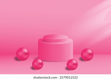 3D tiered cylindrical podium with pink color and metallic ball decoration, for mockup or product display.