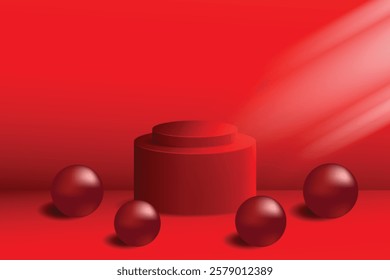 3D tiered cylindrical podium with red color and metallic ball decoration, for mockup or product display.