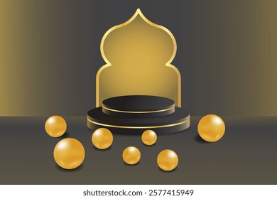 3D tiered podium, shiny gold ball, black gradient background with modern and minimalist design. Suitable for mockup displays, Ramadan themes, presentations, or graphic decorations