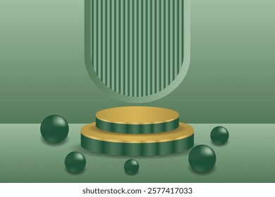 3D tiered podium, shiny green ball, green gradient background with modern and minimalist design. Suitable for display mockups, product presentations, or graphic decoration