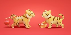 3d Tiger Character Design. One With Red Lantern Held In Tail And One Stepping Gold Ingot. Suitable For 2022 Chinese New Year Zodiac Decoration.