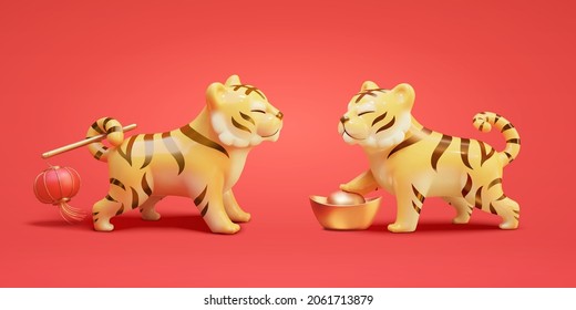 3d tiger character design. One with red lantern held in tail and one stepping gold ingot. Suitable for 2022 Chinese new year zodiac decoration.