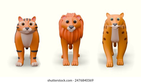 3D tiger, lion, cheetah, front view. Collection of large predators from cat family