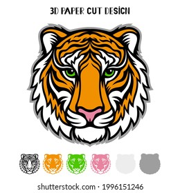 3D Tiger. Symbol 2022 New Year. Vector layered template for laser and paper cutting, printing on a T-shirt, mug. Animal silhouette.Flat style. Hand drawn decorative element for your design.