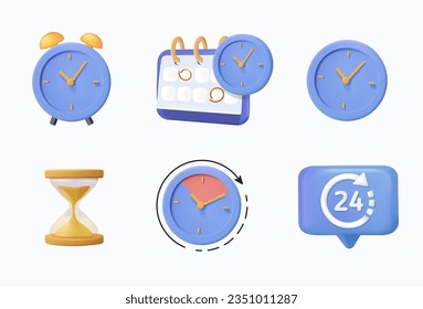 3D time and clock icon set, timer, speed, alarm, restore, management, calendar, watch 3D UI symbols for web and mobile phone on white background editable vector illustration eps10